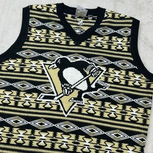 Pittsburgh Penguins Sweater Vest‎ Mens XL Black Gold Fair Isle Knit Hockey NHL